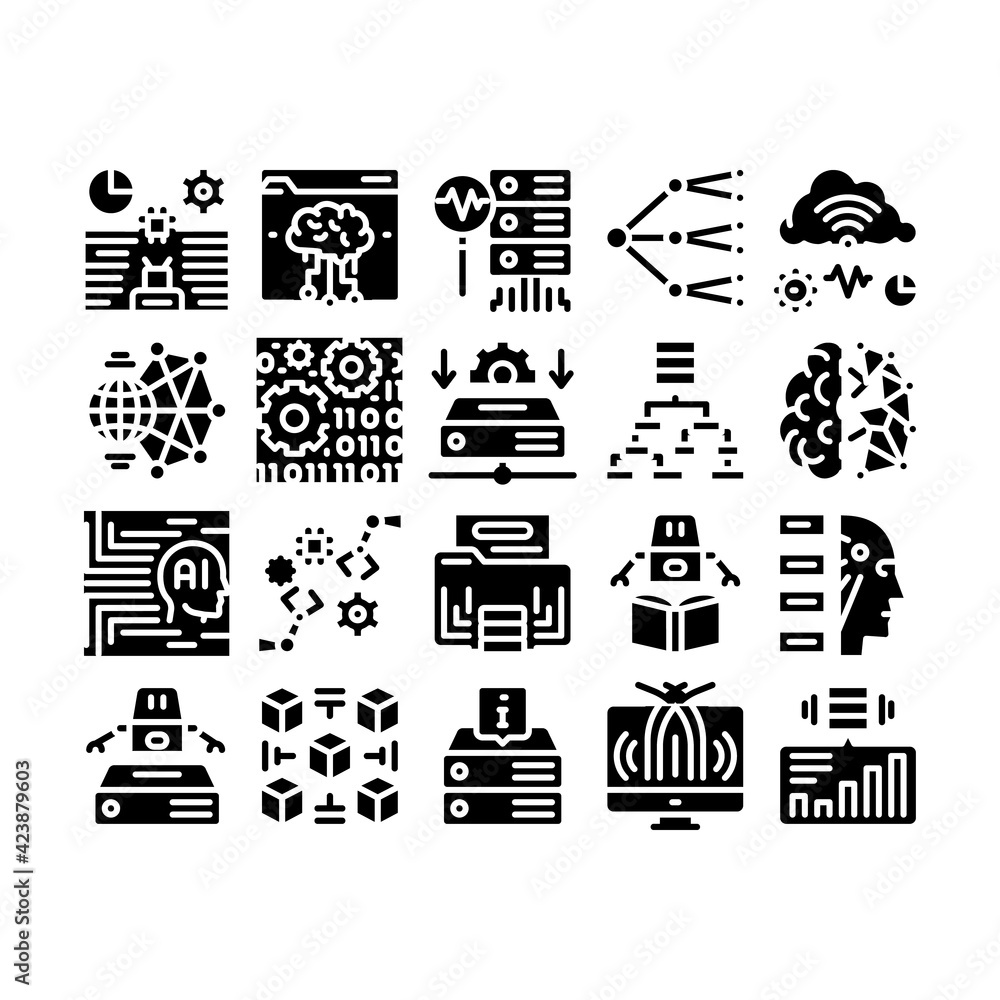 Wall mural Machine Learning Ai Glyph Set Vector. Artificial Intelligence And Algorithm Of Machine Learning, Robotic Solution And Education Glyph Pictograms Black Illustrations