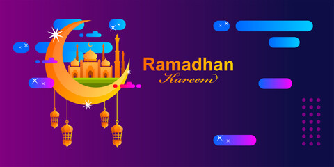 playful mosque with crescent moon and lantern for ramadhan background
