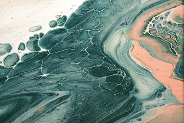Acrylic Fluid Art. Natural Turquoise waves and frothy bubbles flow on canvas. Digital decor. Abstract stone background or texture