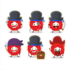 Cartoon character of raspberry donut with various pirates emoticons