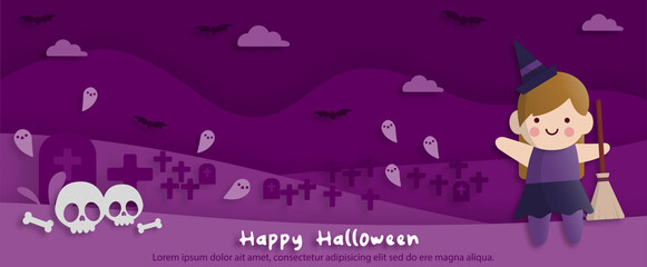 Happy Halloween party in paper art style with child wearing a witch costume. greeting card, posters and wallpaper. Vector illustration.
