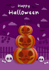 Happy Halloween party in paper art style with pumpkins. greeting card, posters and wallpaper. Vector illustration.