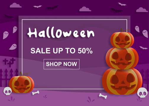 Happy Halloween day on sale in paper art style with pumpkins. greeting card, posters and wallpaper. Vector illustration.