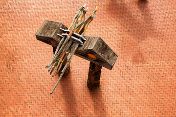 View looking down from above of a large timber sculpture