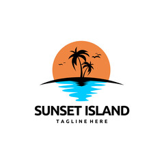Tropical Island at Sunset and Silhouettes of Coconut or Palm Tree Logo Vector