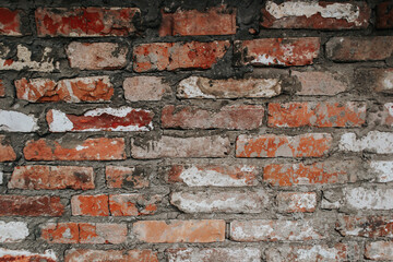 The texture of an old brick wall with natural defects. Scratches, cracks, crevices, chips, dust, roughness, abrasion. Template for design and background.Copy space