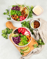Tasty colorful vegan poke bowl on light gray background.