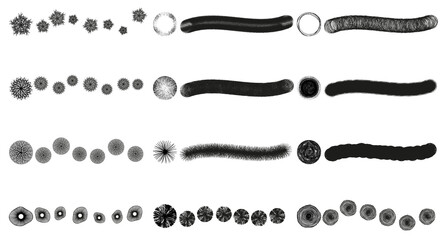 Set of 12 fixed and random scatter brushes + symbols (sprayer) + editable templates vector in snow ice crystals effect, leaf, sponge. Created using AI CS6.