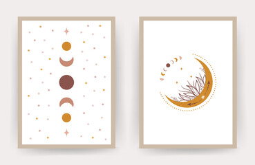Posters with abstract boho moon. Scandinavian design for wallpaper and home decor. Contemporary geometric backgrounds. Modern vector illustration in flat style.