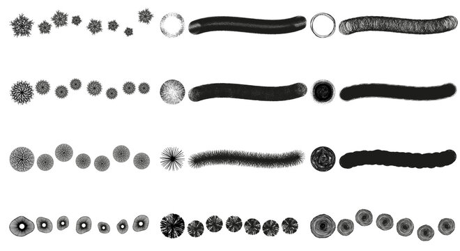 Set of 12 fixed and random scatter brushes + symbols (sprayer) + editable templates vector in snow ice crystals effect, leaf, sponge. Created using AI CS6.