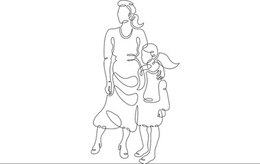 Fototapeta na wymiar Mother with her daughter for a walk. Family shopping trip. Motherhood. One continuous drawing line logo single hand drawn art doodle isolated minimal illustration.