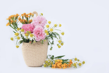 Beautiful color of flower in crochet hanging planter isolated on white background.