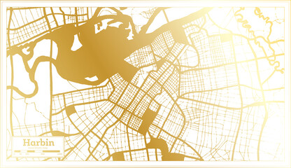 Harbin China City Map in Retro Style in Golden Color. Outline Map.