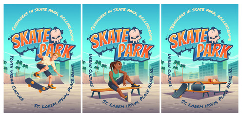 Skate park poster with boy riding on skateboard on rollerdrome. Vector flyer with cartoon cityscape with ramps and teenager jump on track. Playground for extreme sport activity