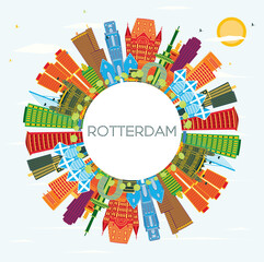 Rotterdam Netherlands City Skyline with Color Buildings, Blue Sky and Copy Space.