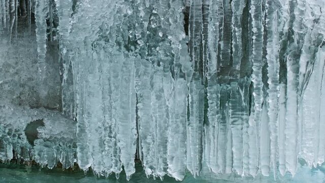 Ultra close-up view of icicle formations in Trafalgar Square, London, England, UK, as the capital plunges into sub-zero temperatures