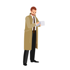 Private detective vector flat illustration. Inspector in coat, hat and mustache hold magnifier watch on mystery footprint isolated on white background