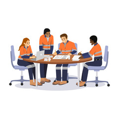 Industrial workers working together: manual workers, technicians, engineers and manager