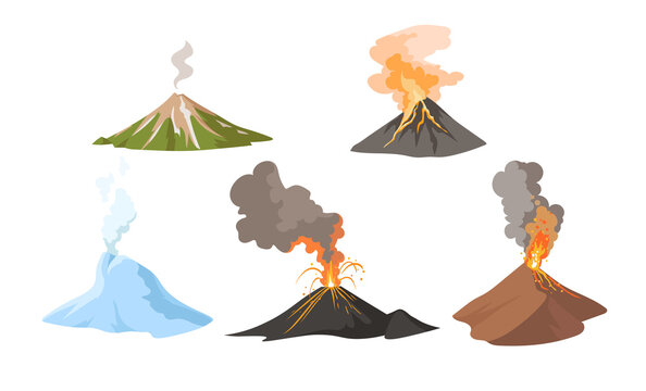 Erupting volcano with fire and smoke set. Awakening and erupting volcano blowing up lava, magma and ash from crater. Concept for nature, disaster. Vector isolated cartoon illustration collection