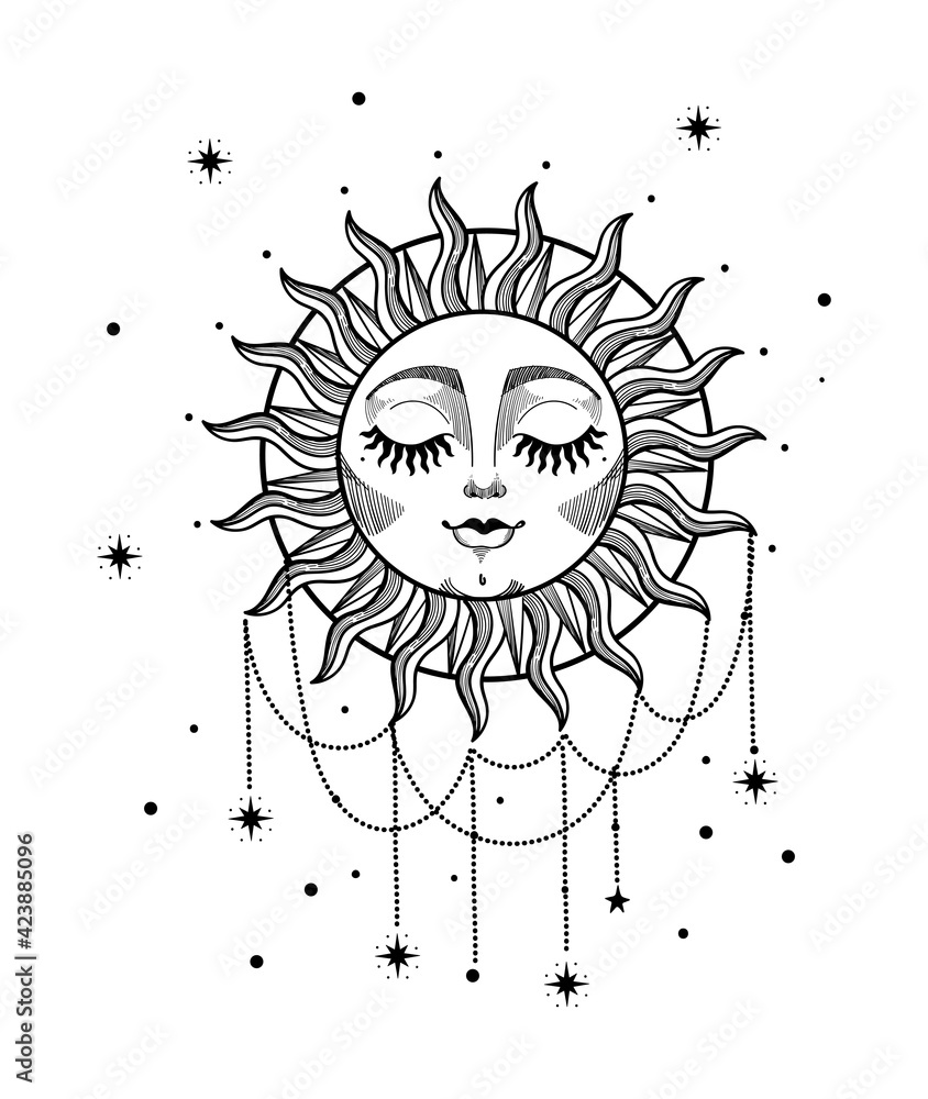 Wall mural beautiful boho sun with face, rays and precious jewelry. hand drawn vintage linear tattoo. celestial