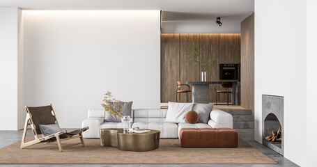 Interior Living Room Wall Mockup - 3d Rendering, 3d Illustration 
