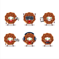Chocolate donut cartoon character are playing games with various cute emoticons