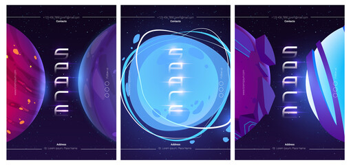 Space exploring posters. Vector set of futuristic flyers with cartoon illustration of fantasy alien planets on background of outer space with stars. Design template of explore galaxy, cosmos discovery