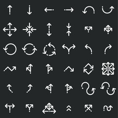 Set of white arrows on black background. Vector illustration.