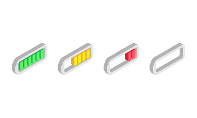 Battery charge level icons. Full, medium, low. Vector illustration in modern isometric style. Isolated on white background.
