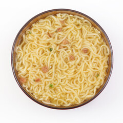 Chinese noodles with vegetables, soy sauce on a white plate