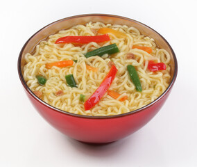 Chinese noodles with vegetables, soy sauce on a white plate