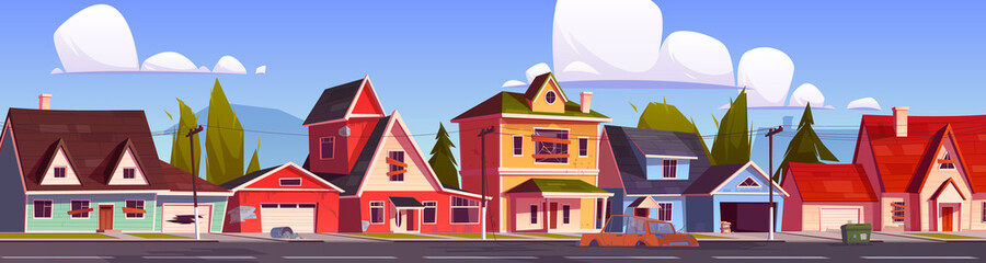 Abandoned suburb houses, suburban street with old residential cottages with boarded up windows and doors, holes in walls and destroyed cars, countryside neglected buildings Cartoon vector illustration