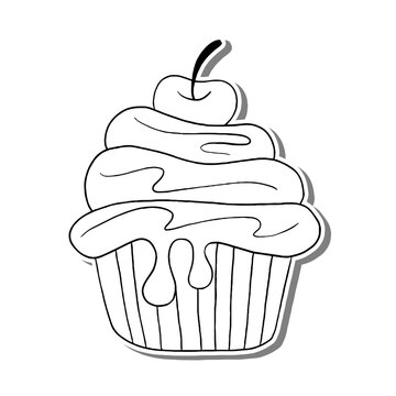 Black line cupcake on white silhouette and gray shadow. Hand drawn cartoon style. Doodle for coloring, decoration or any design. Vector illustration of kid art.