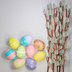 Composition of bouquet of willow branches with catkins, easter colored eggs over white fabric background with space for your text. 3D rendering, Happy Easter, Palm Sunday.    