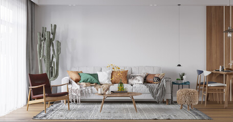 Interior Living Room Wall Mockup - 3d Rendering, 3d Illustration 
