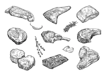 Fotobehang Beefsteaks hand drawn vector illustration set. Engraved sketches of meat steak, ribeye, striploin for restaurant menu, recipe or grill concepts © SurfupVector