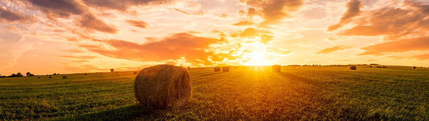 Sunset in a field with haystacks on a summer or early autumn evening with a cloudy sky in the...