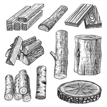 Cut logs, firewood and planks engraved vector illustrations set. Hand drawn sketch of wooden materials, trunk, stump, timber, pieces of tree, chopped wood on white background. Lumber, timber concept