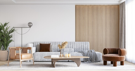 Interior Living Room Wall Mockup - 3d Rendering, 3d Illustration 

