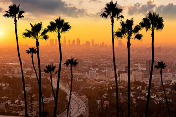 Downtown Los Angeles city skyline, cityscape of LA - obrazy, fototapety, plakaty