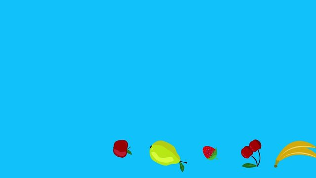 group of fruits animation, blue screen, removable background, chroma key, flat cartoon design