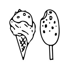 A set of two ice creams in a waffle cone and on a stick. Drawn in doodle style with contour on a white background. Vector illustration.