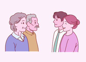 Older parents and a young couple stand facing each other. hand drawn style vector design illustrations. 