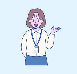 A female office worker raises his hand and introduces something. hand drawn style vector design illustrations. 