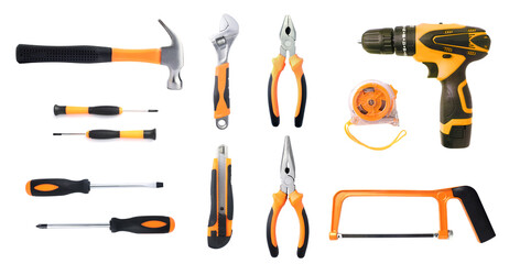 Set hand tool It is a tool for bending, cutting, clamping in electrical work. Repair or rebuild Isolated on white background
