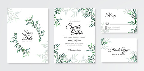 Fototapeta na wymiar Wedding card invitation template with hand drawn watercolor foliage