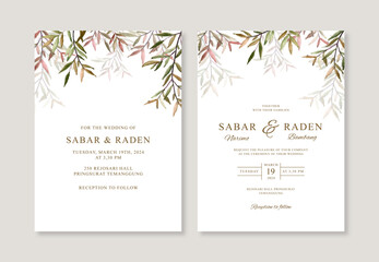 Wedding card invitation template with watercolor foliage