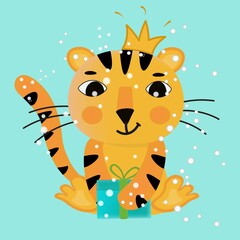 Cute tiger cub with a crown on his head. Symbol of 2022. The royal tiger cub is holding a Christmas present. New Year vector. Vector in cartoon style for print, congratulations, invitations, web.