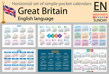 English horizontal pocket calendar for 2022. Week starts Sunday