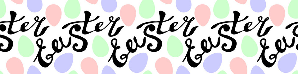 Seamless pattern of Easter lettering and ornamental eggs. Vector pastel multicolor holiday decorations, backgrounds and textures. For fabric, textile, wrapping paper, packaging